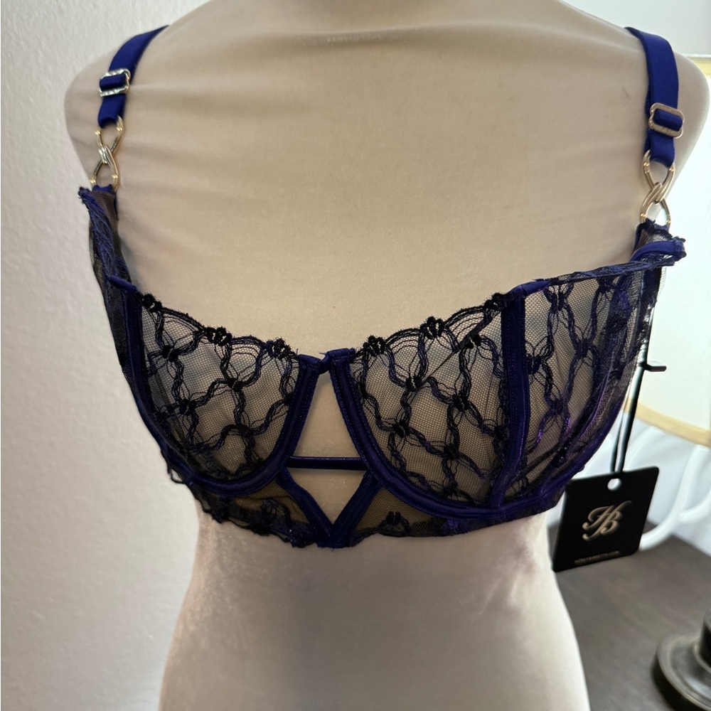 Honey Birdette Celeste Blue Lace Bra with Geometric Design